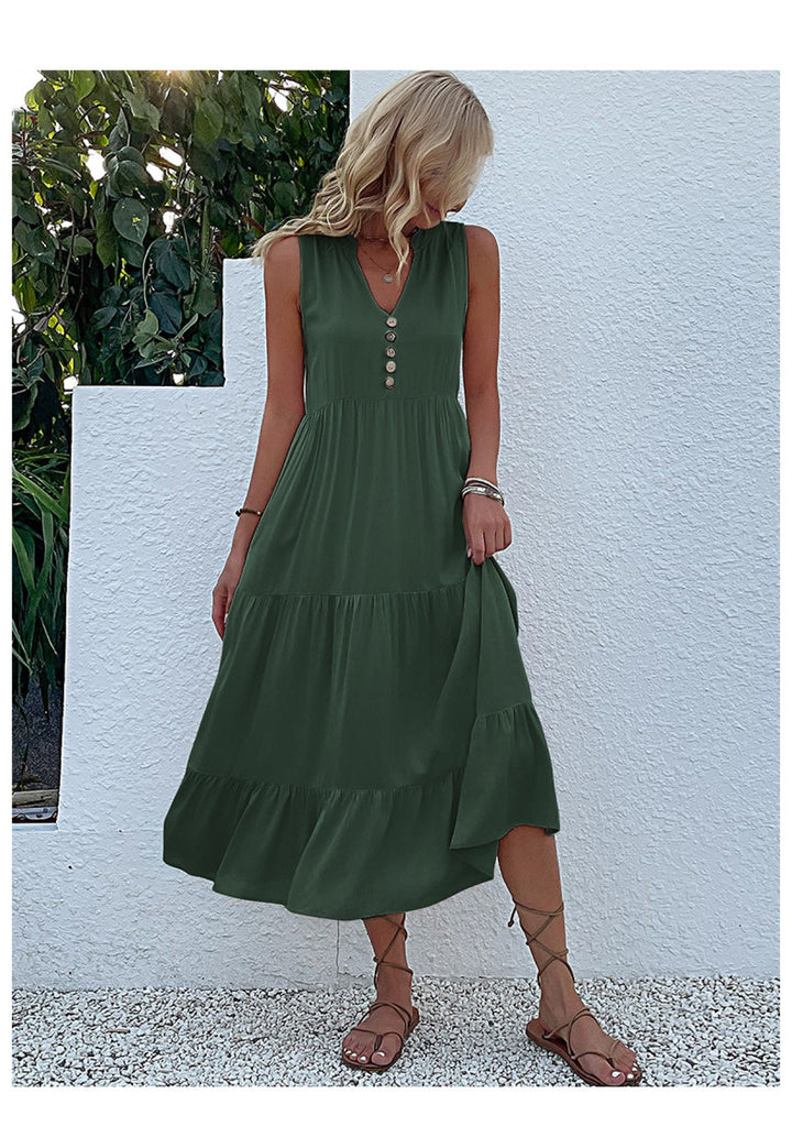 Solid Notched Buttoned Tiered Maxi Dress