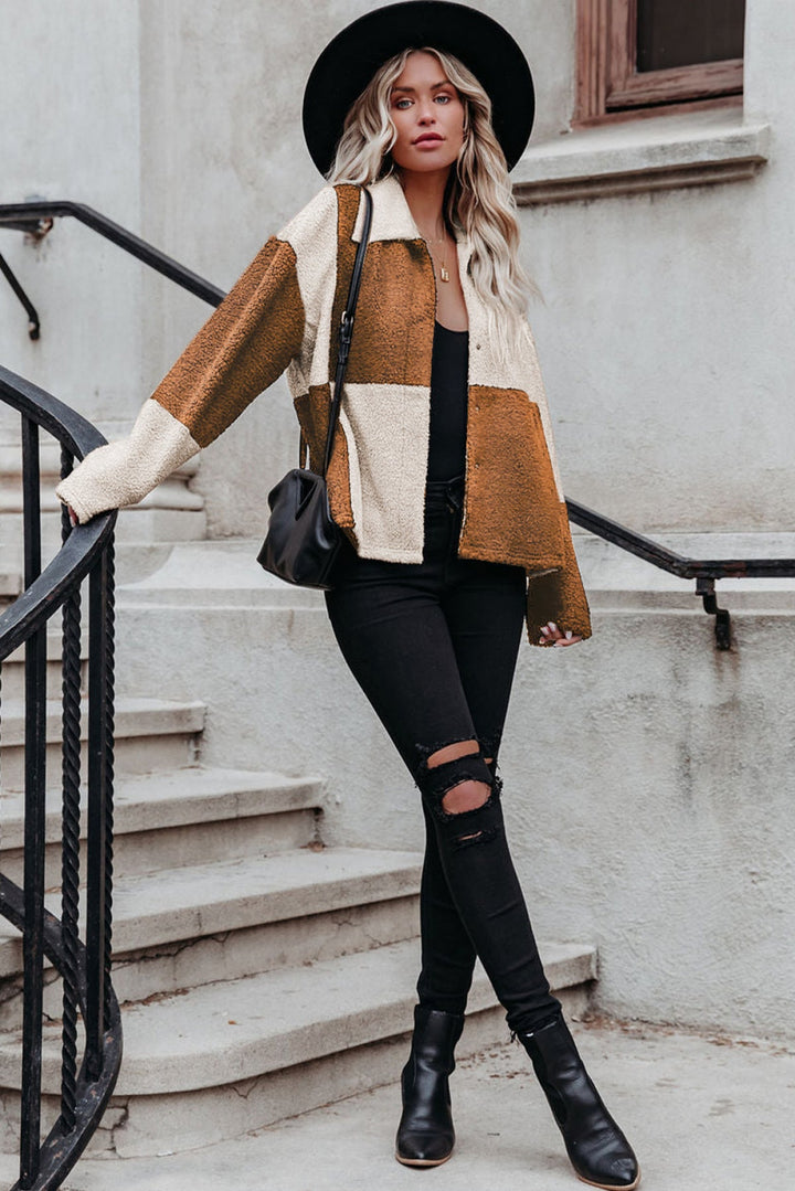 Colorblock Checkered Sherpa Jacket
