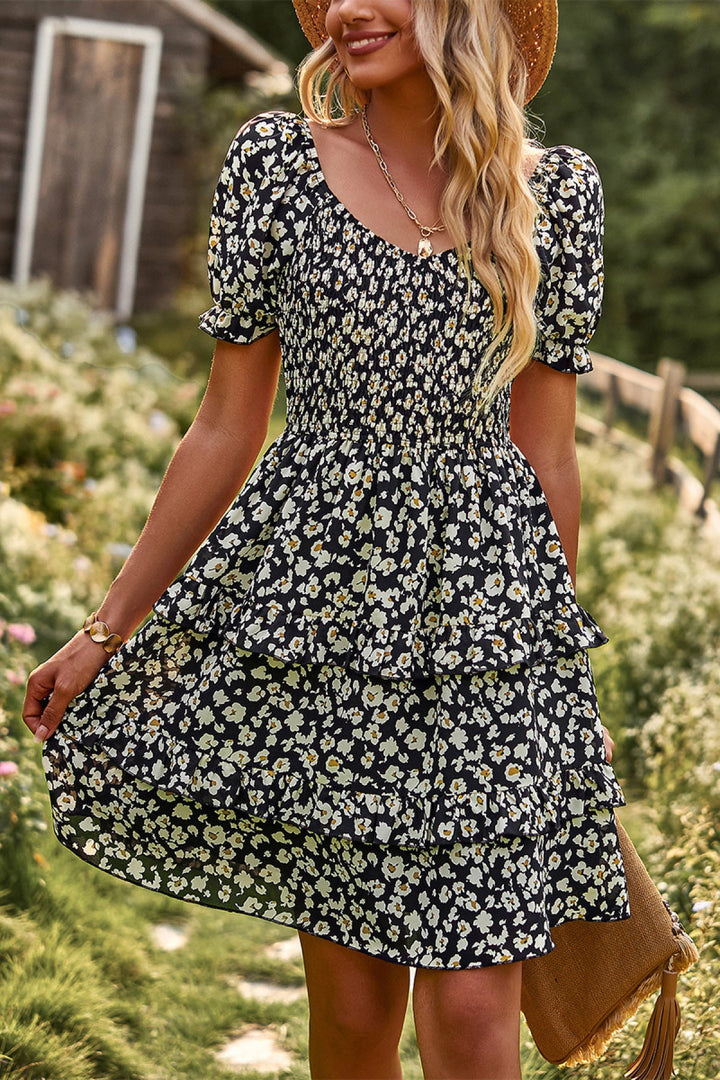 Floral Off-the-shoulder Puff Sleeve Tiered Dress