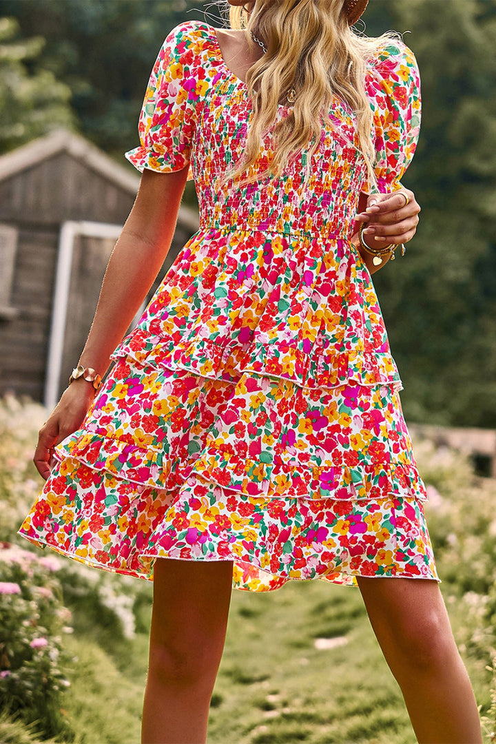Floral Off-the-shoulder Puff Sleeve Tiered Dress