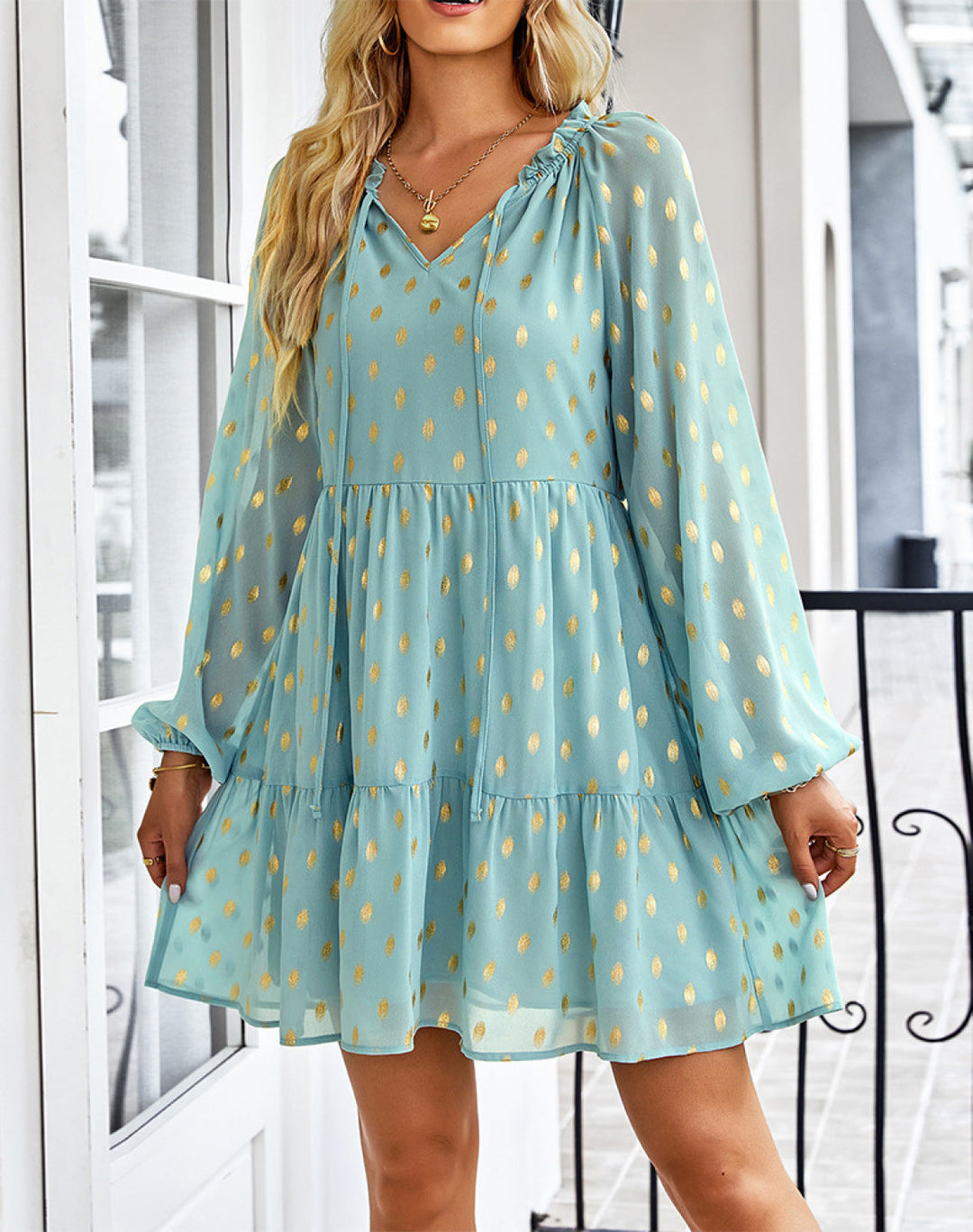 V-Neck Balloon Sleeve Polka Dot Dress - Mini Dress