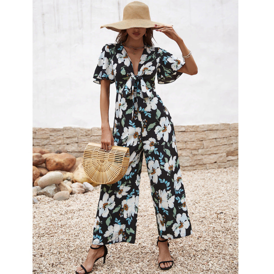 Deep V Flare Sleeve Knot Front Floral Jumpsuit