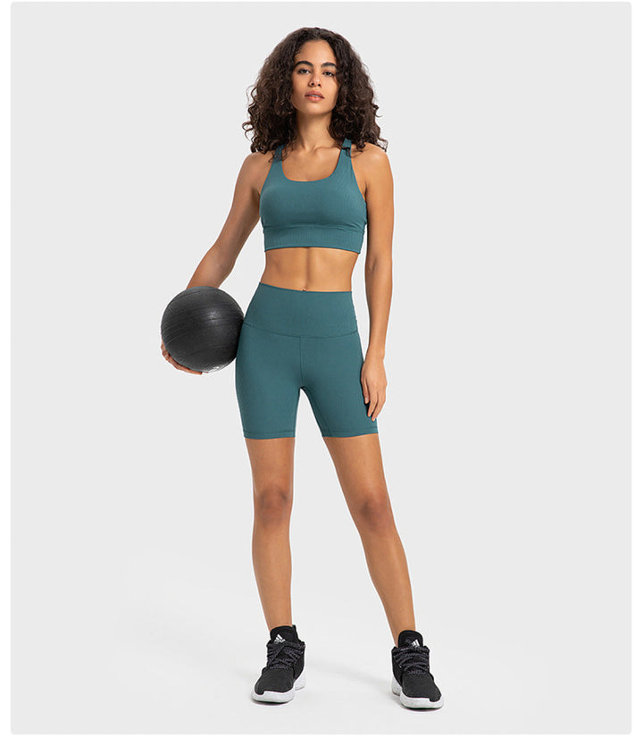 Solid Ribbed High Waist Bike Shorts With Side Pockets