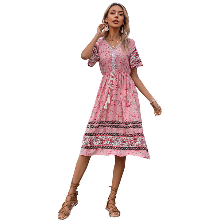 Boho Pink V-Neck Tassel Floral Dress