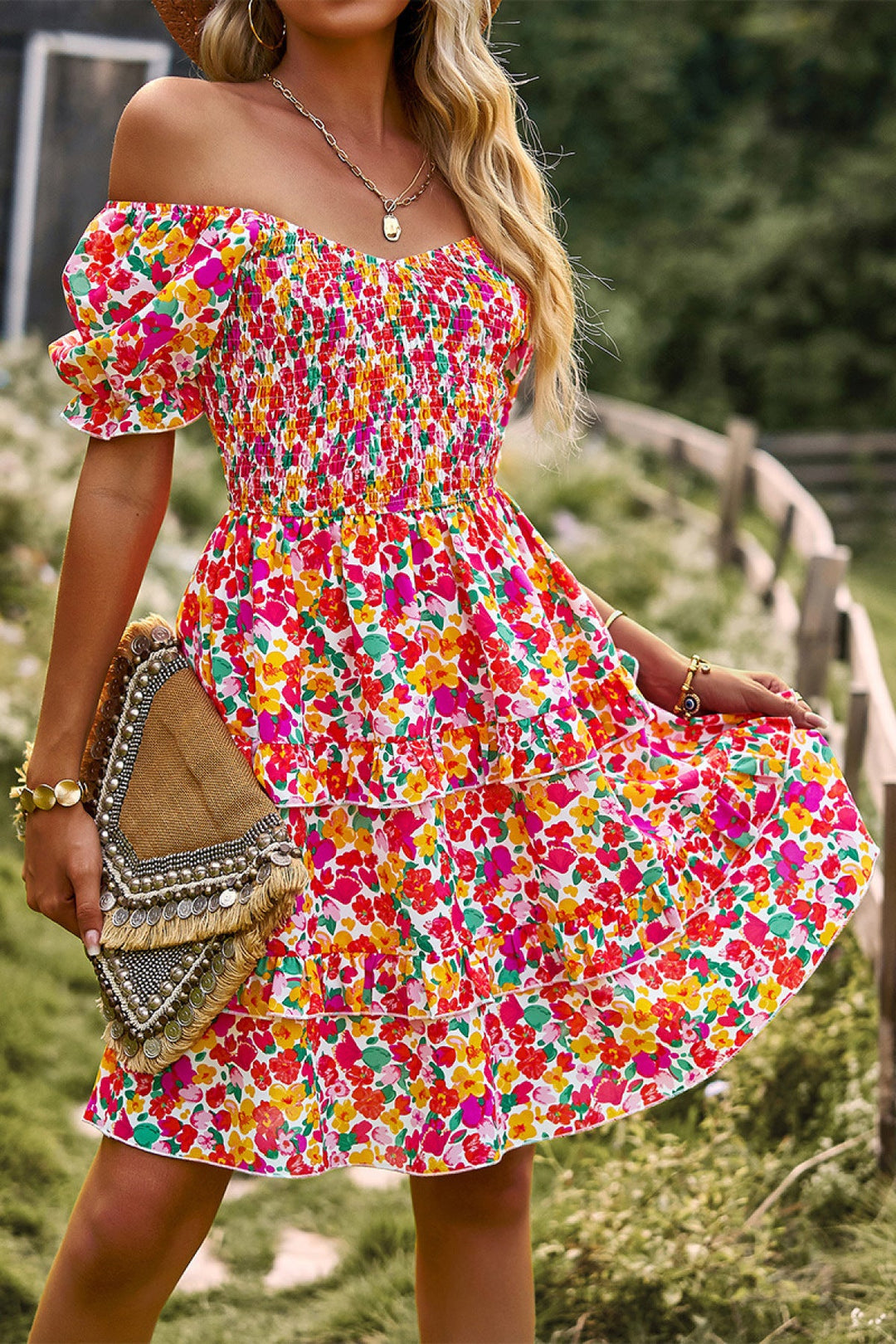 Floral Off-the-shoulder Puff Sleeve Tiered Dress