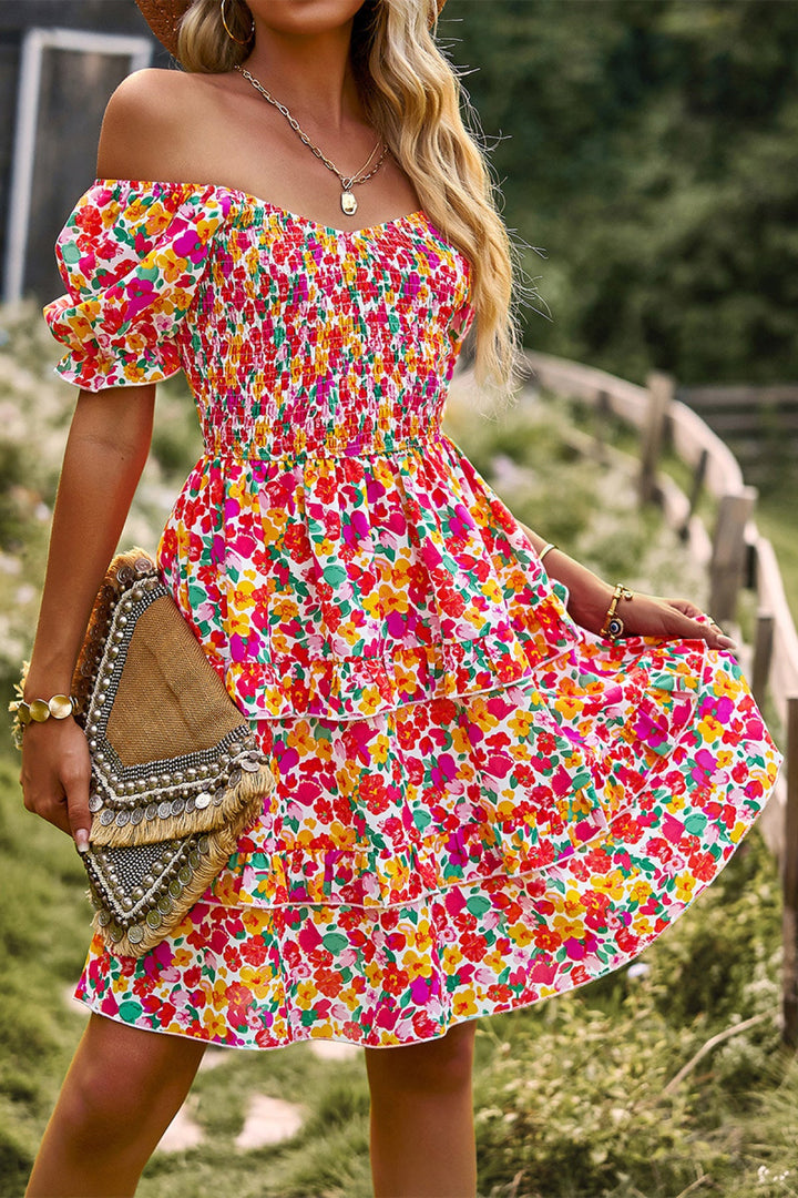 Floral Off-the-shoulder Puff Sleeve Tiered Dress