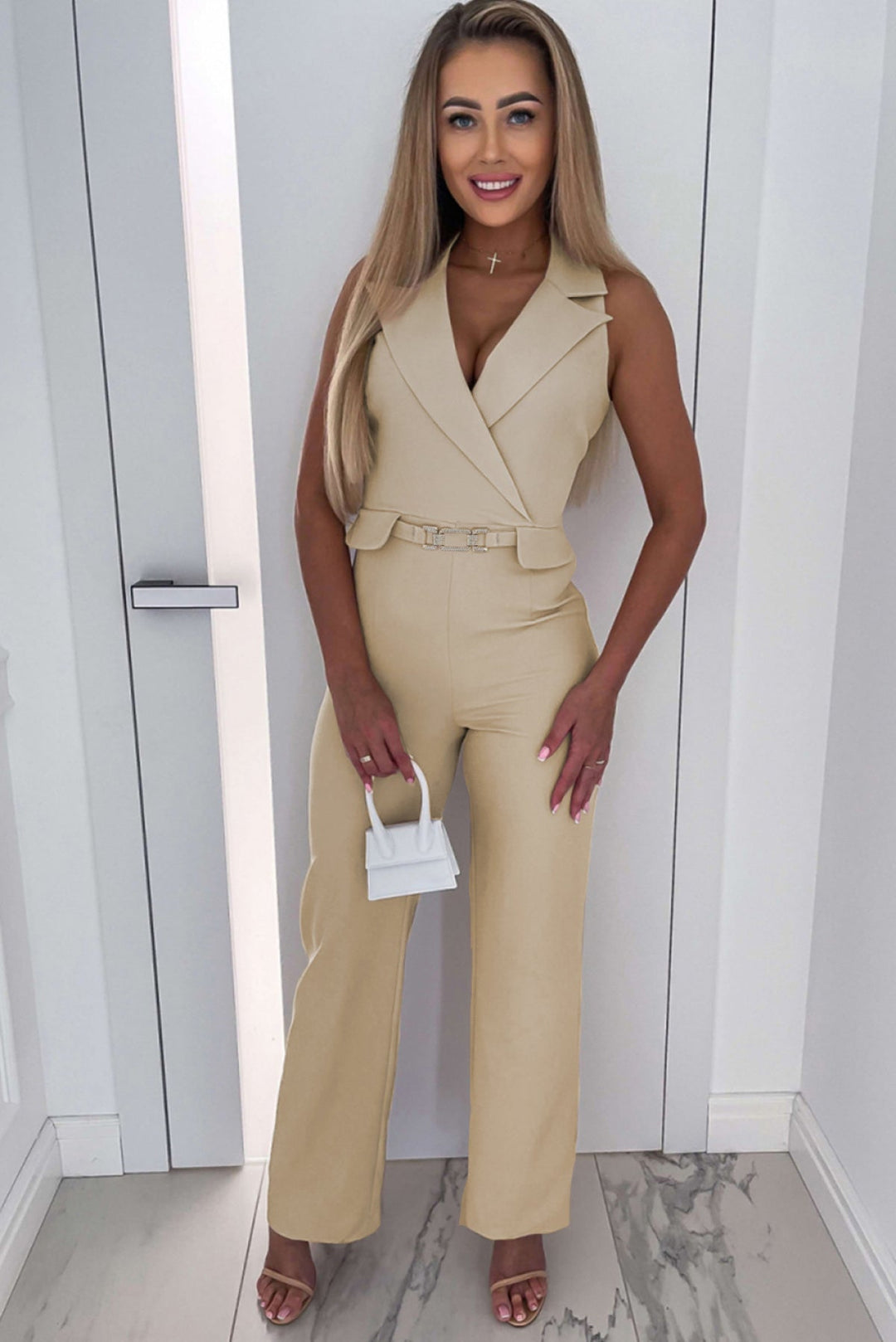 Apricot Lapel Wrapped High Waist Jumpsuit