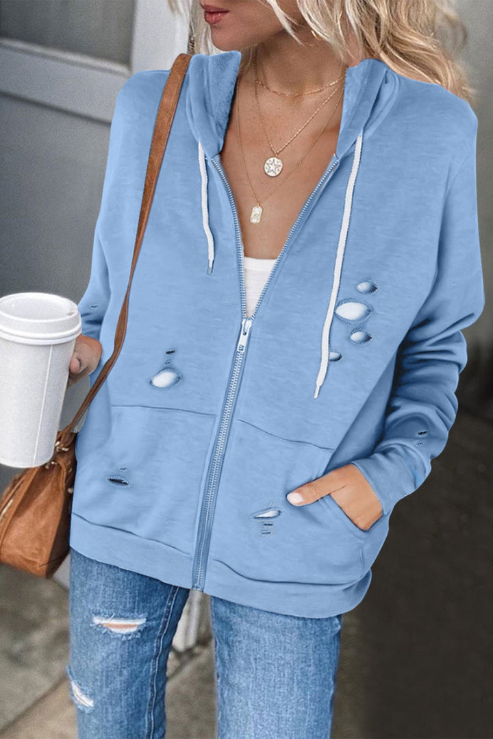 Ripped Zipper Pocket Hoodie