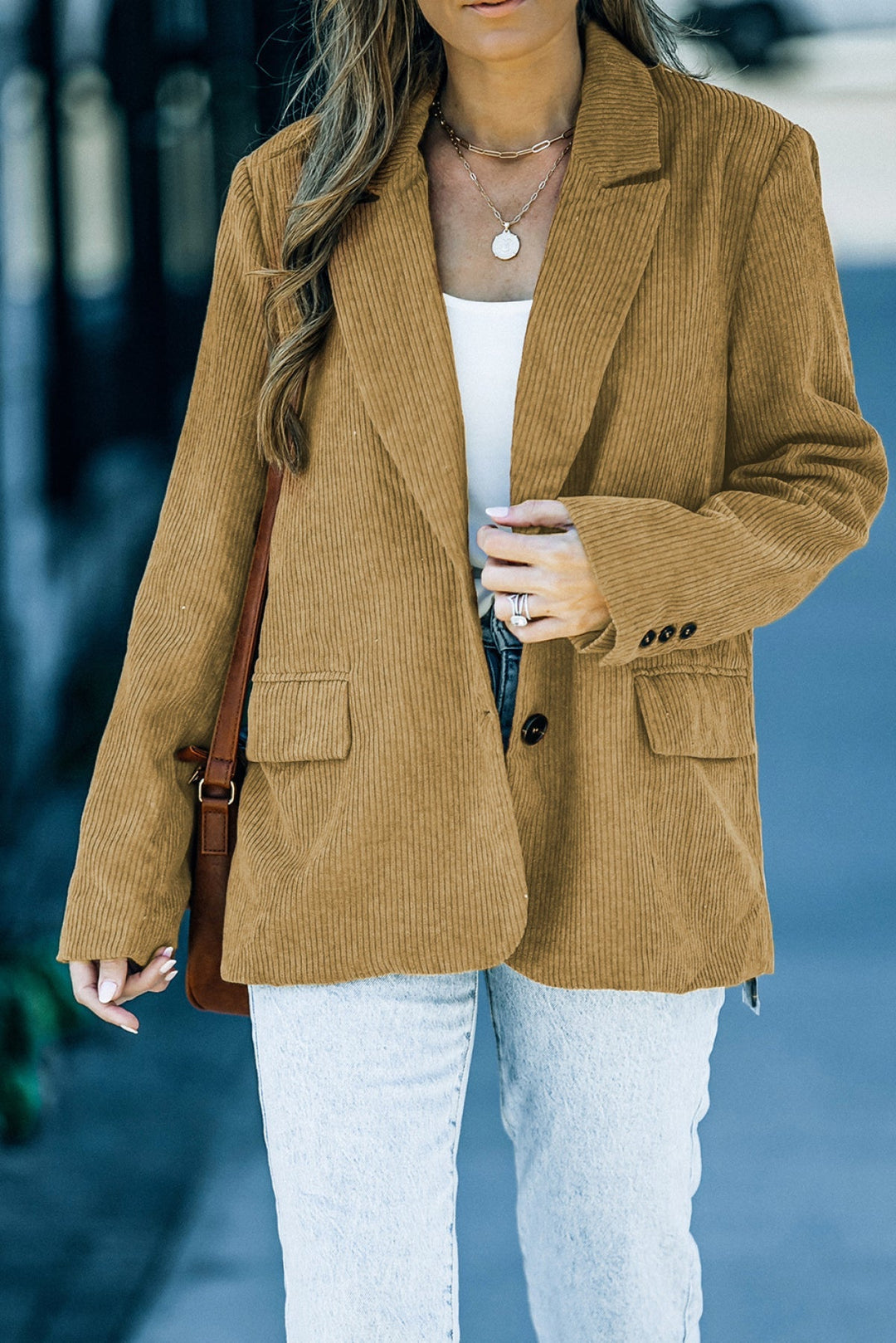 Brown Corduroy Lapel Casual Blazer
