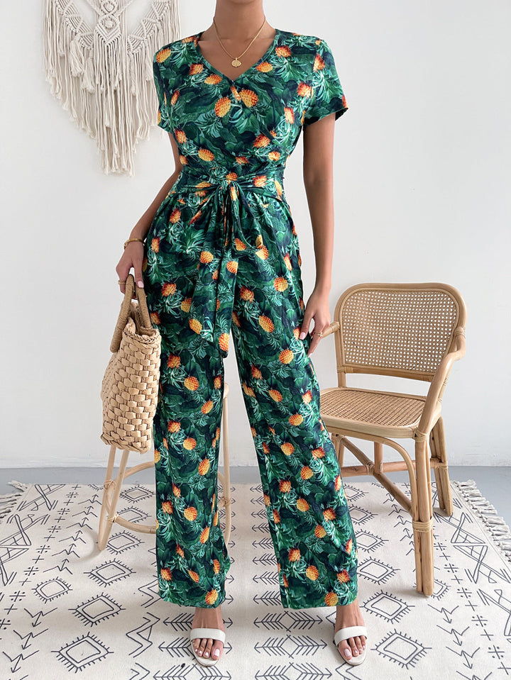 Plant Print Short Sleeve Tie Waist Jumpsuit