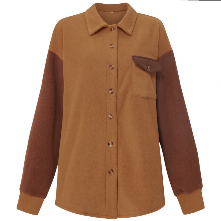 Shirt Collared Long Sleeve Single-Breasted Colorblock Jackets With Pockets