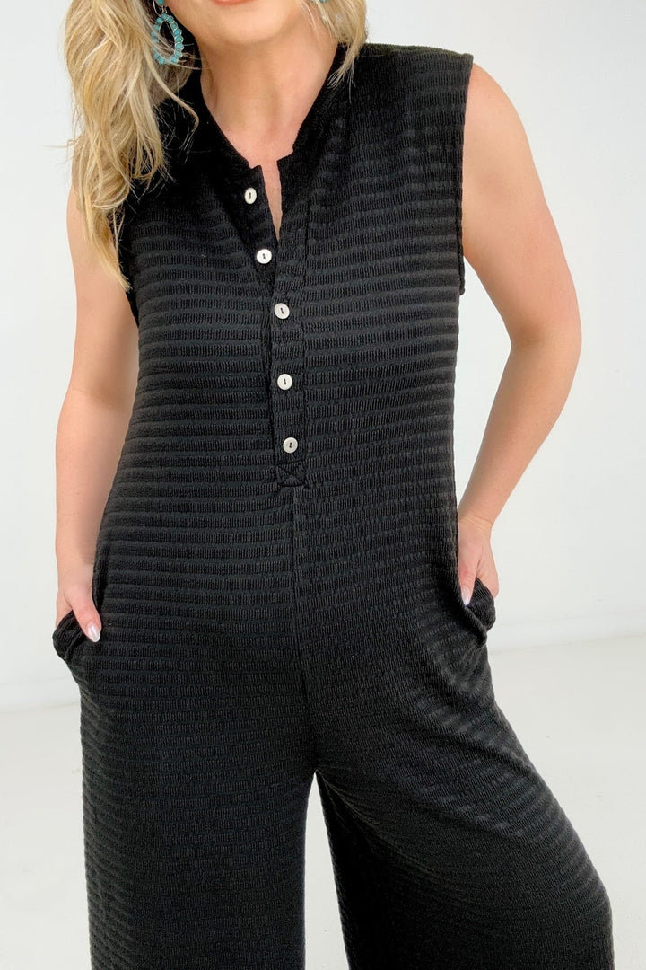 Jade By Jane Button Up Textured Wide Leg Jumpsuit