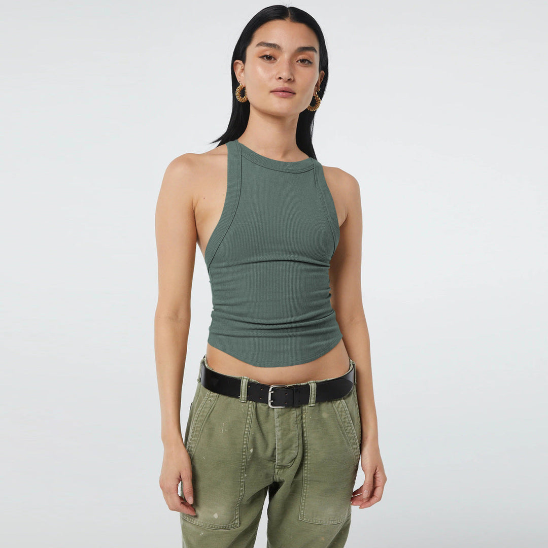 Ribbed Round Neck Sleeveless Backless Tank Top