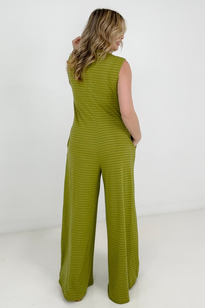 Jade By Jane Button Up Textured Wide Leg Jumpsuit