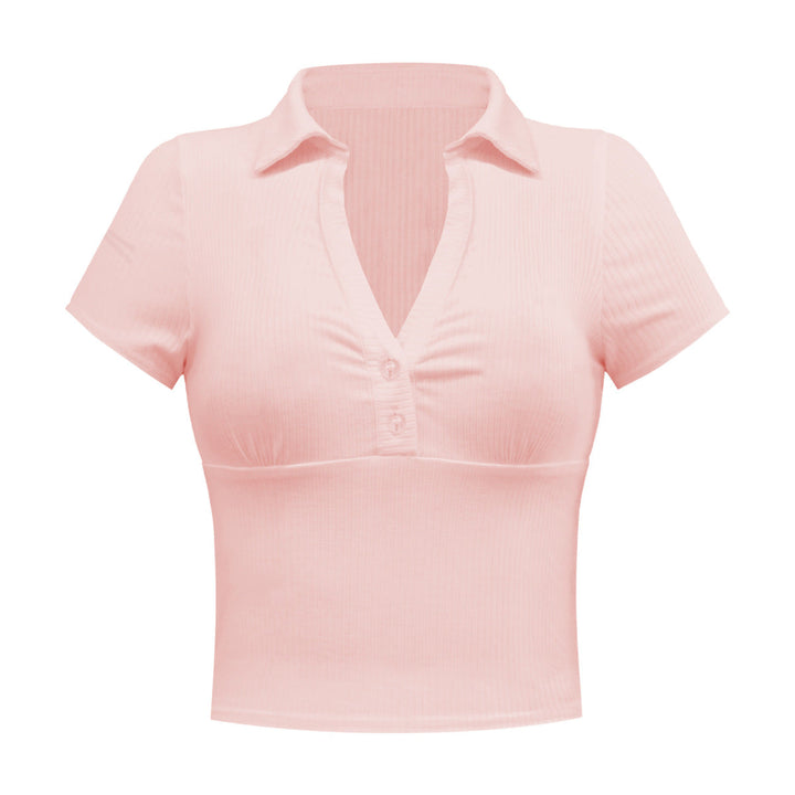 Solid Short Sleeve Buttoned V Neck Crop Top