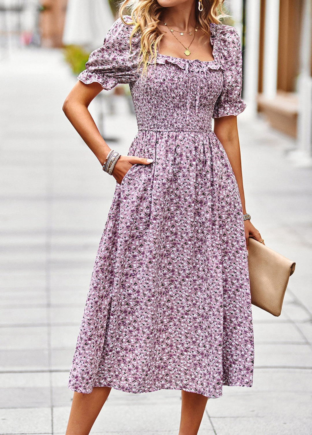 Ditsy Floral Square Neck Smocked Dress