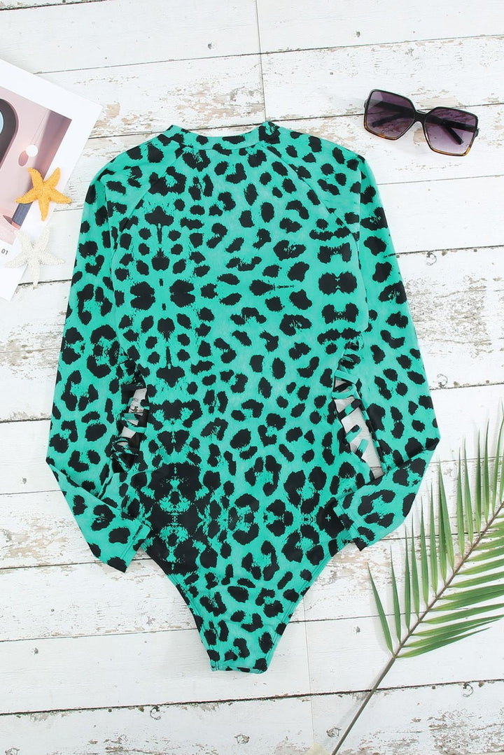 Leopard Print Zipper Cut-Out Swimsuit