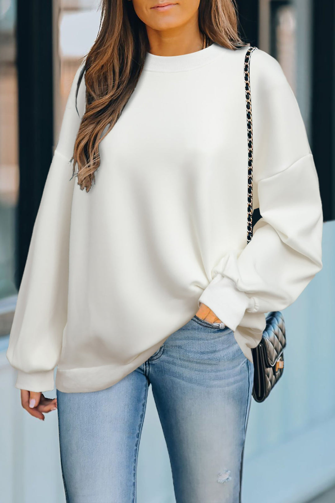Solid Drop-Shoulder Pullover Sweatshirt