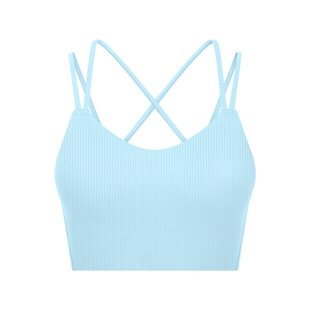 Solid Ribbed Double Shoulder Straps Crisscross Sports Bras