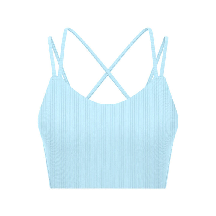 Solid Ribbed Double Shoulder Straps Crisscross Sports Bras