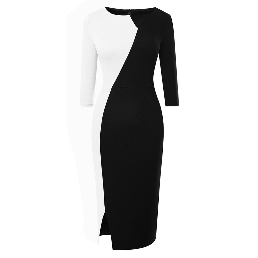 Notched Neck Three-Quarter Sleeve Tie Waist Colorblock Slit Midi Dress