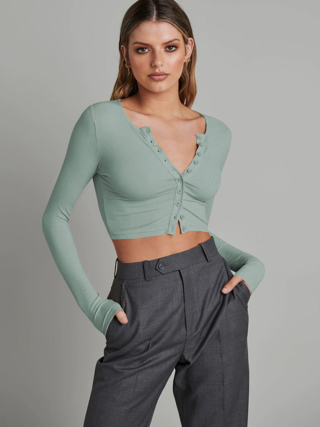 Single-Breasted V-Neck Solid Crop Top
