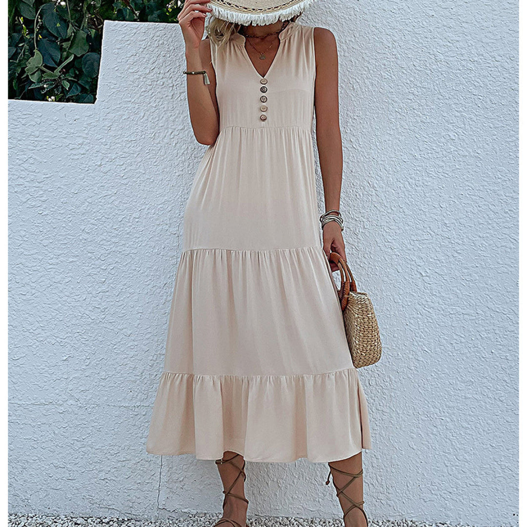 Solid Notched Buttoned Tiered Maxi Dress