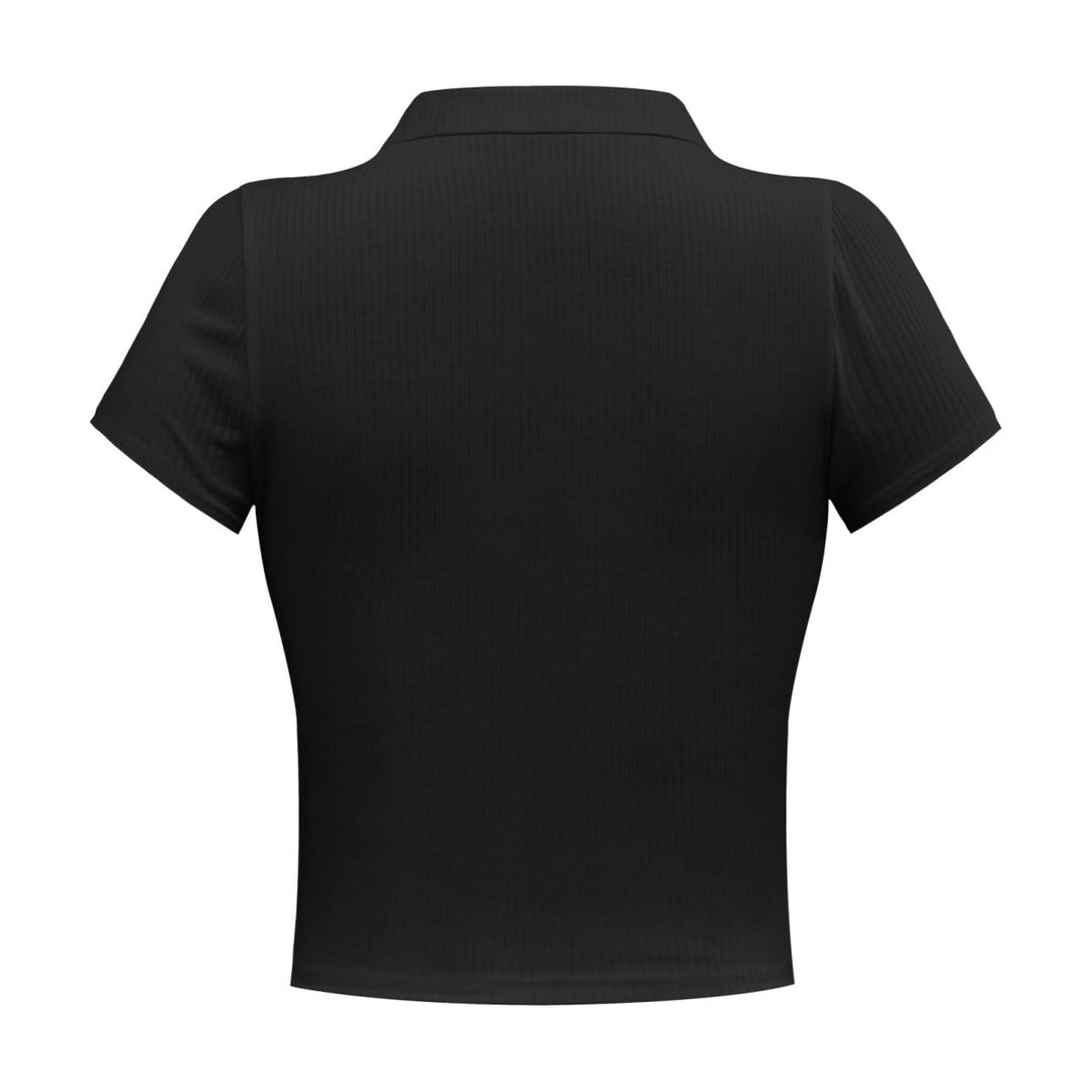 Solid Short Sleeve Buttoned V Neck Crop Top