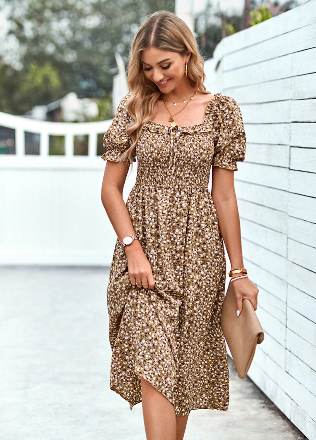 Ditsy Floral Square Neck Smocked Dress