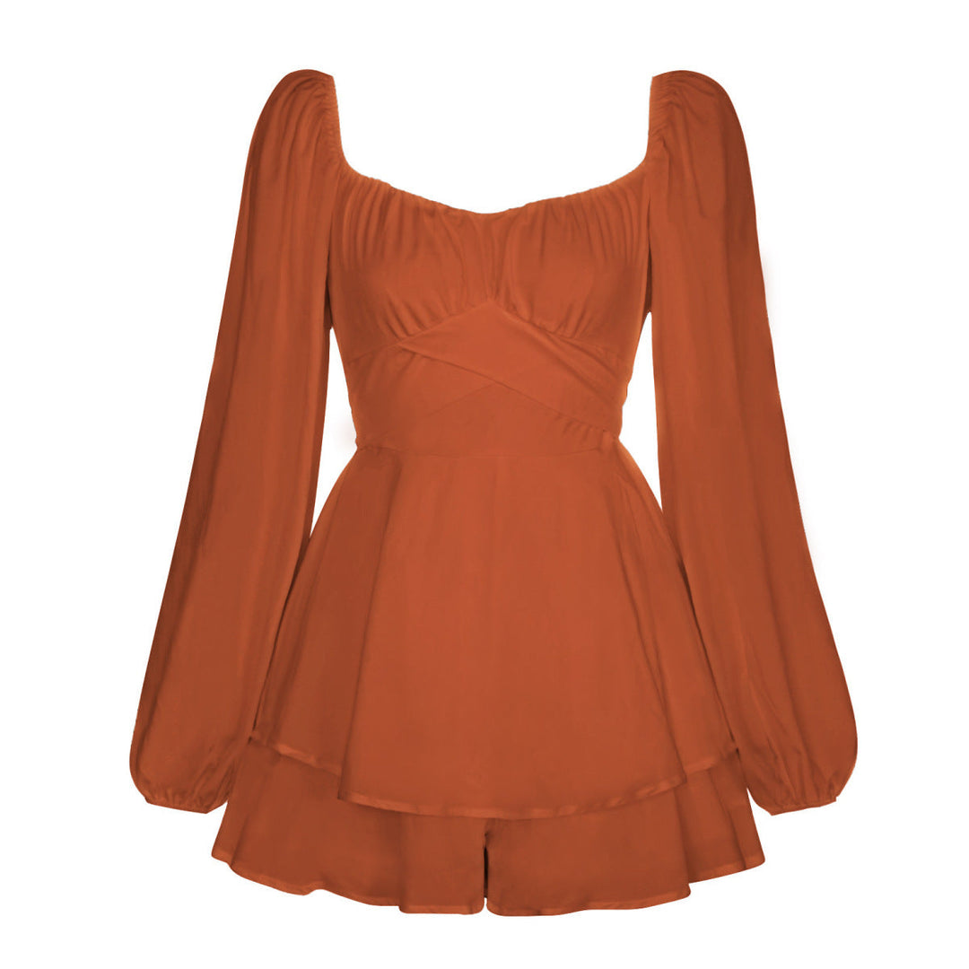 Balloon Sleeve Back Tie Tiered Romper