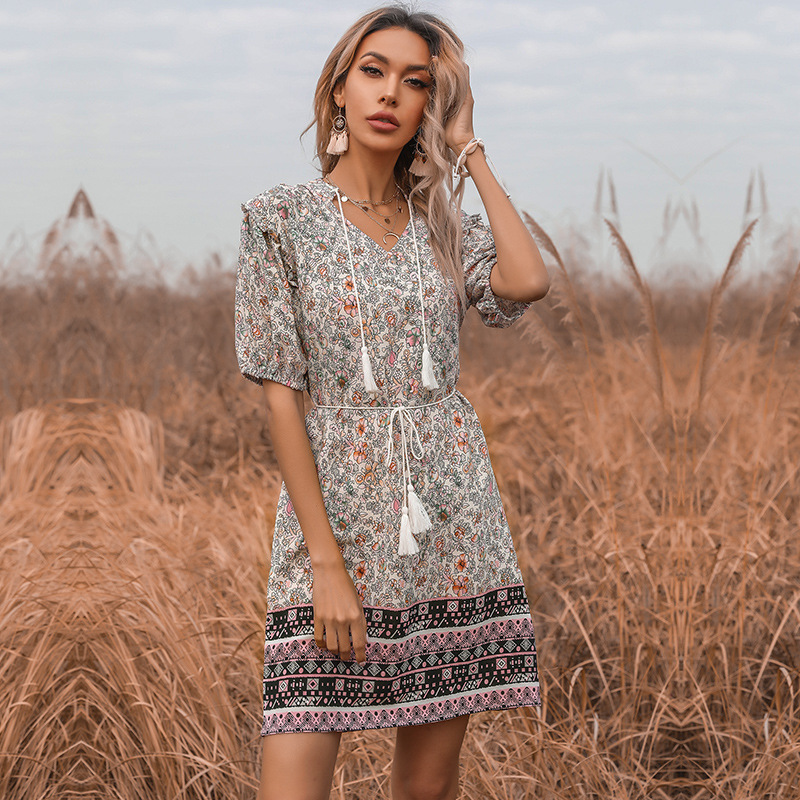 Floral V-Neck Women Short Dress