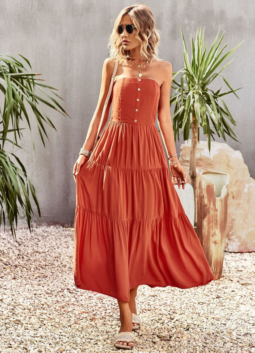 Strapless Buttoned Pleated Tiered Dress With Pocket