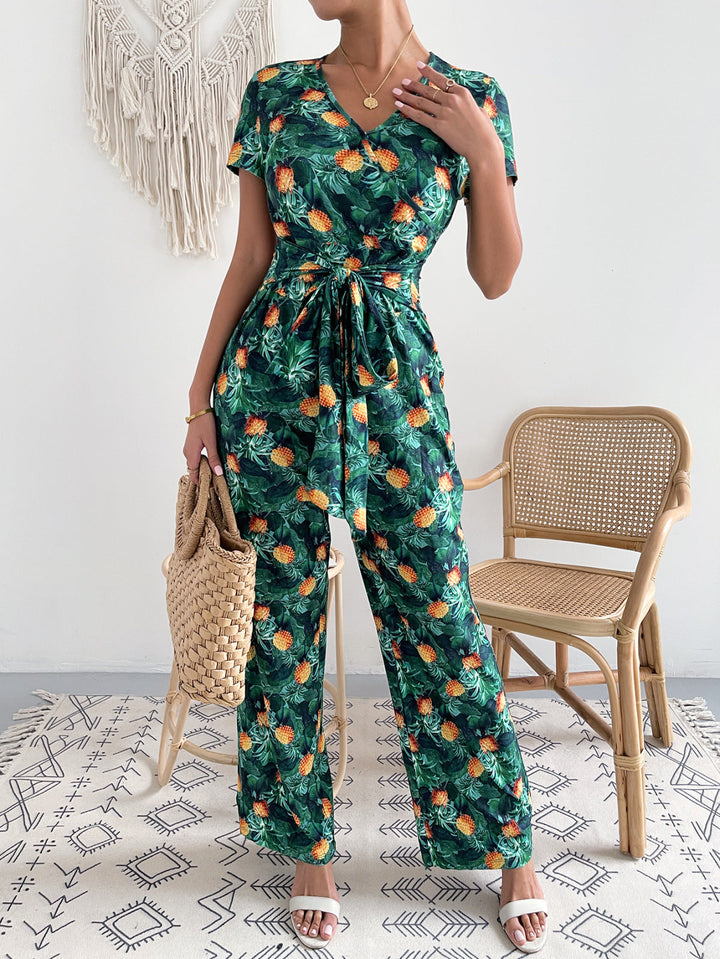 Plant Print Short Sleeve Tie Waist Jumpsuit