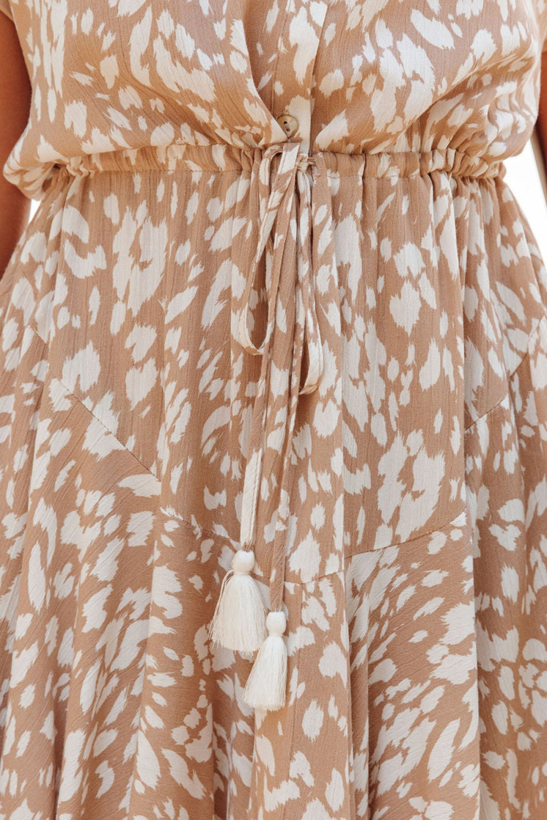 Printed Tassel Drawstring Button V Neck Mini Dress