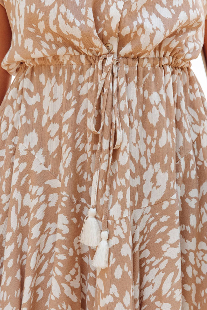 Printed Tassel Drawstring Button V Neck Mini Dress