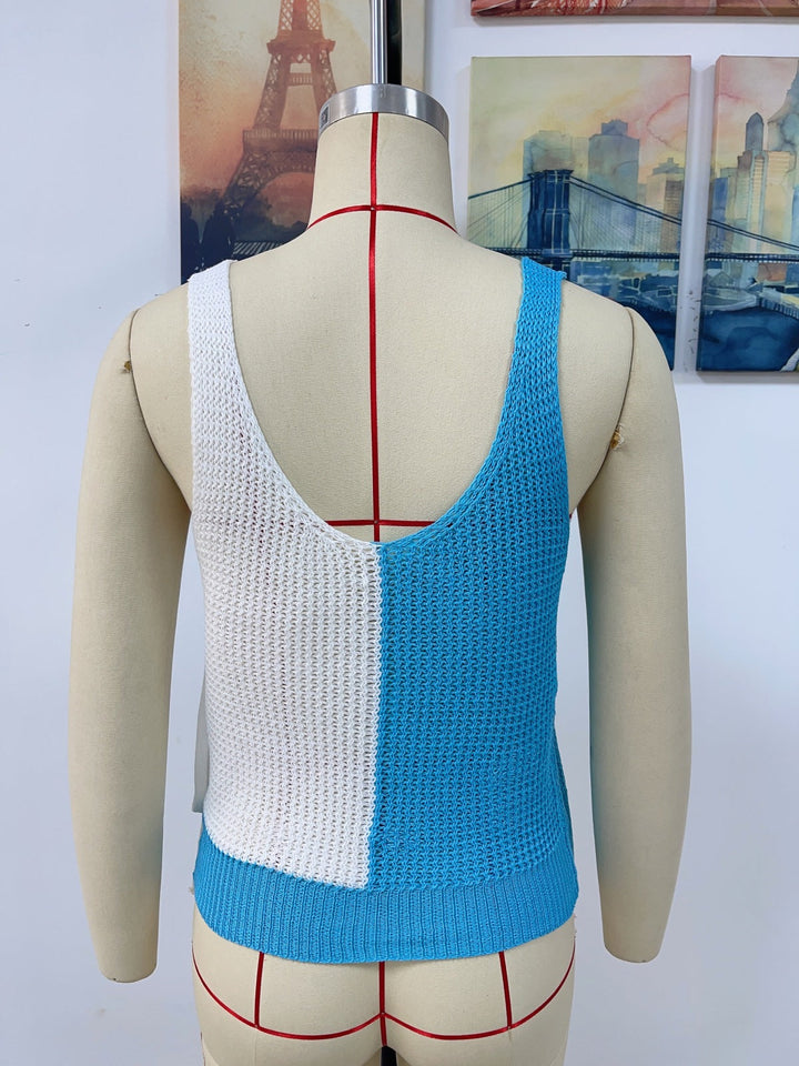 V-Neck Patchwork Knot Fold Sleeveless Top