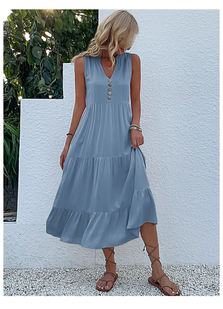 Solid Notched Buttoned Tiered Maxi Dress