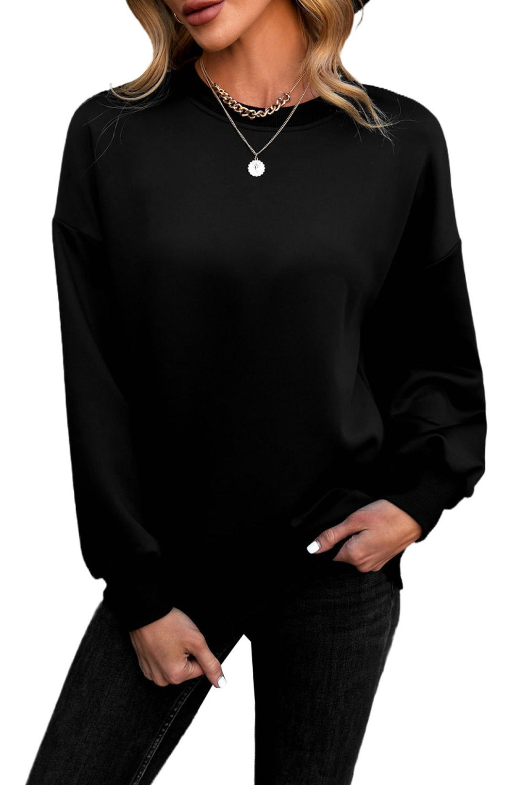 Solid Drop-Shoulder Pullover Sweatshirt