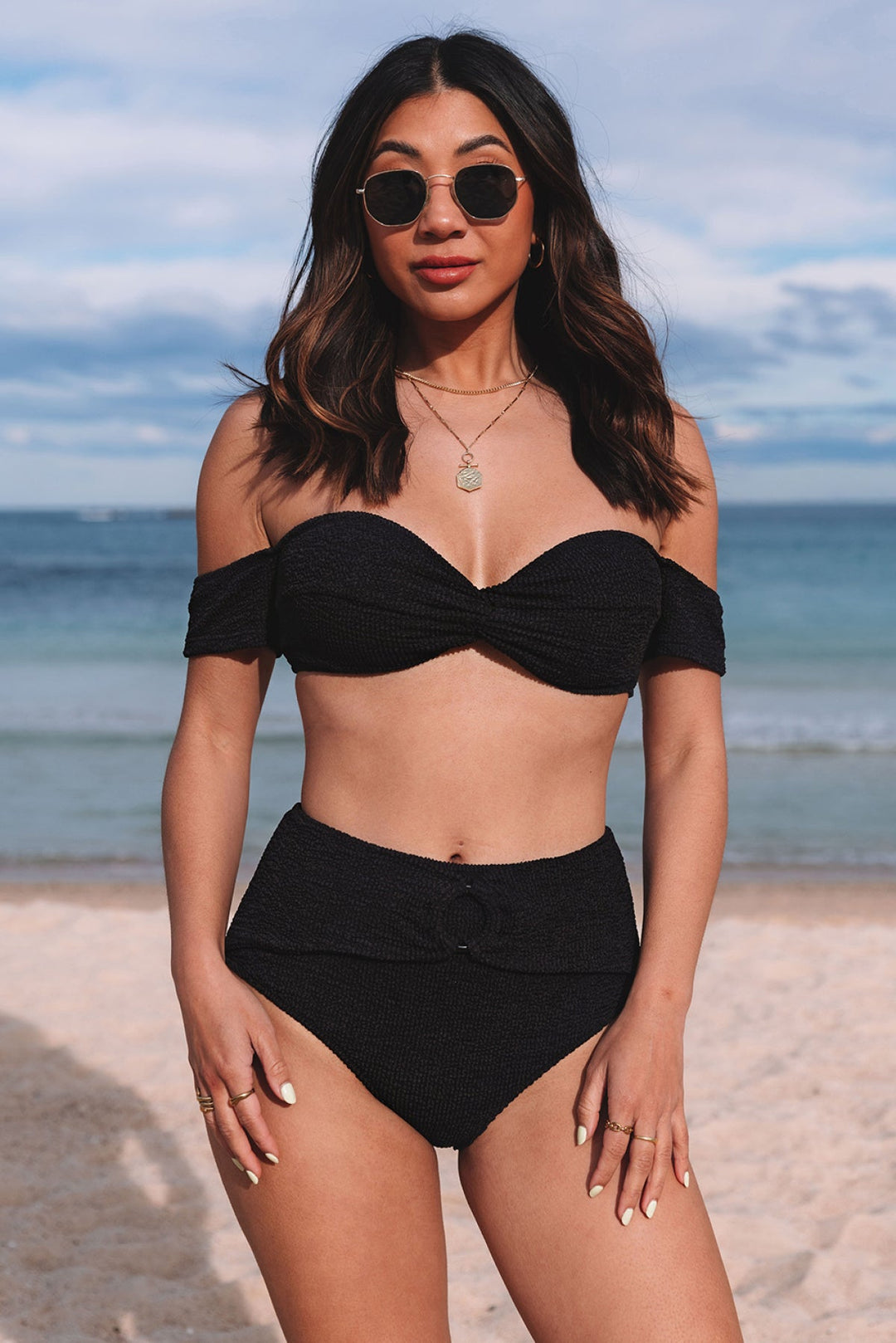 Crinkle Textured Bandeau High Waist Bikini Set