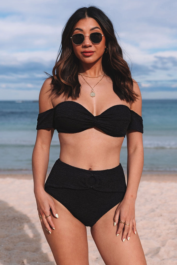 Crinkle Textured Bandeau High Waist Bikini Set