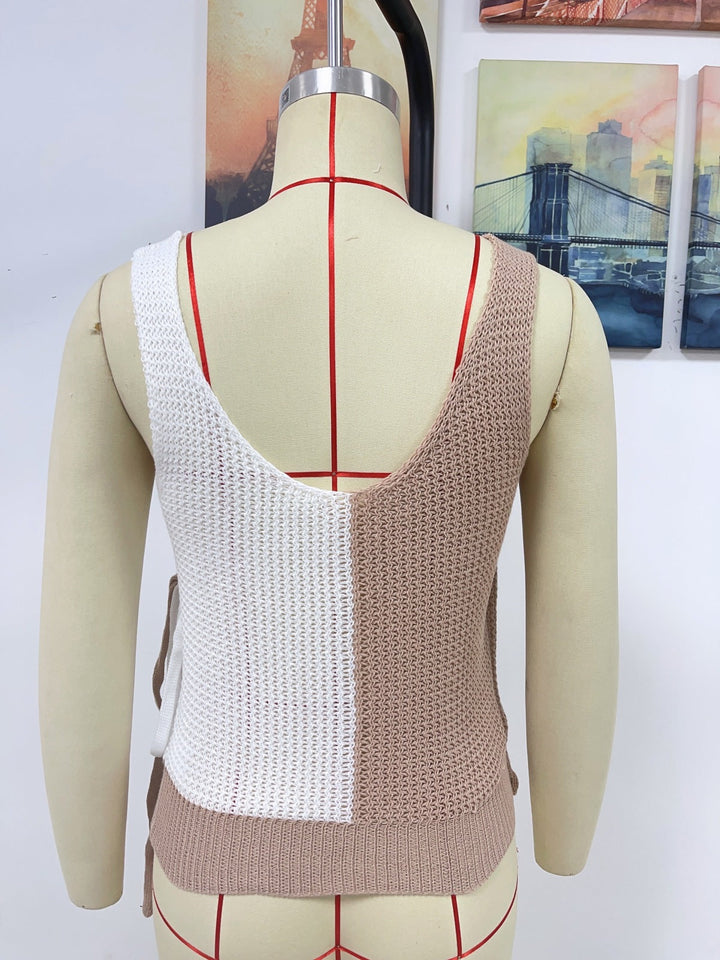 V-Neck Patchwork Knot Fold Sleeveless Top