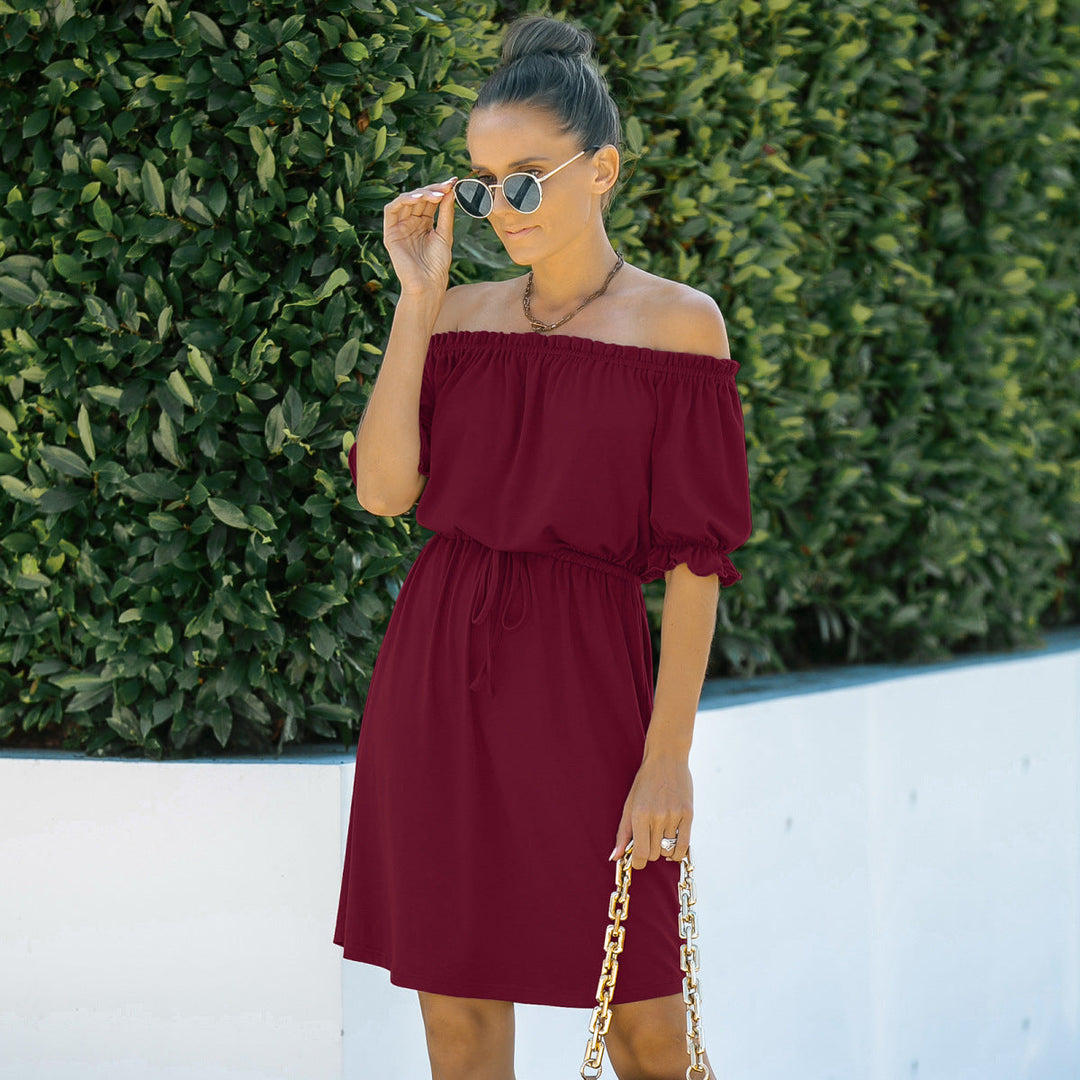 Solid Off-the-Shoulder Elastic Waist Mini Dress