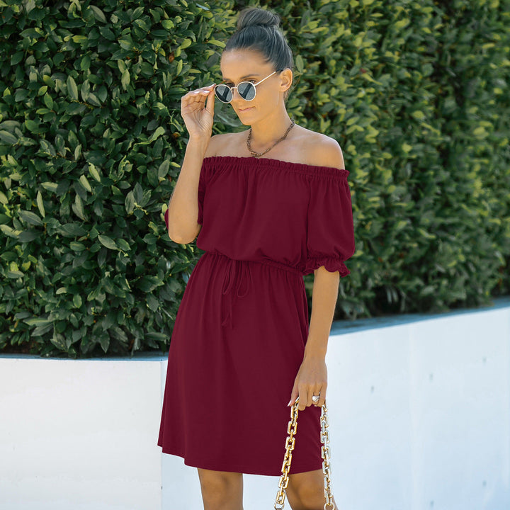 Solid Off-the-Shoulder Elastic Waist Mini Dress