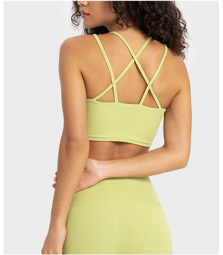 Solid Ribbed Double Shoulder Straps Crisscross Sports Bras