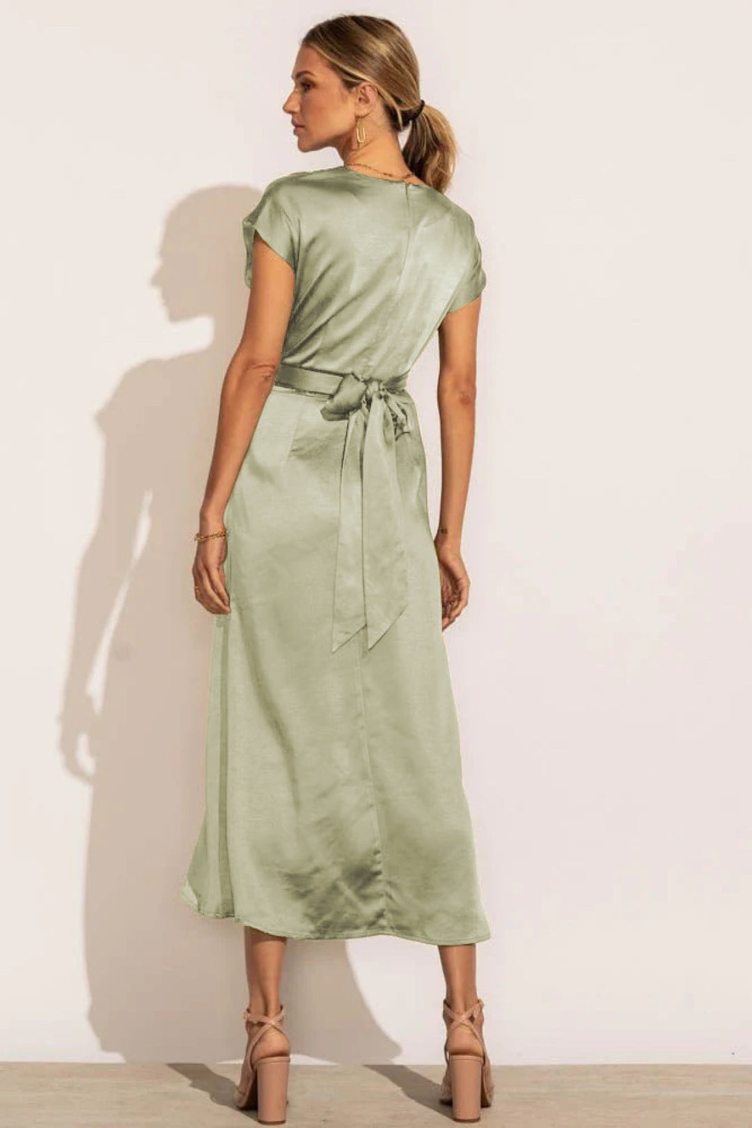 Solid Round Neck Tie Back Midi Dress