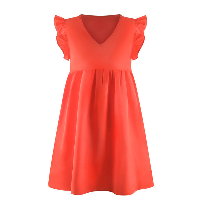 V-neck Solid Color Ruffle Sleeve A-line Mini Dress