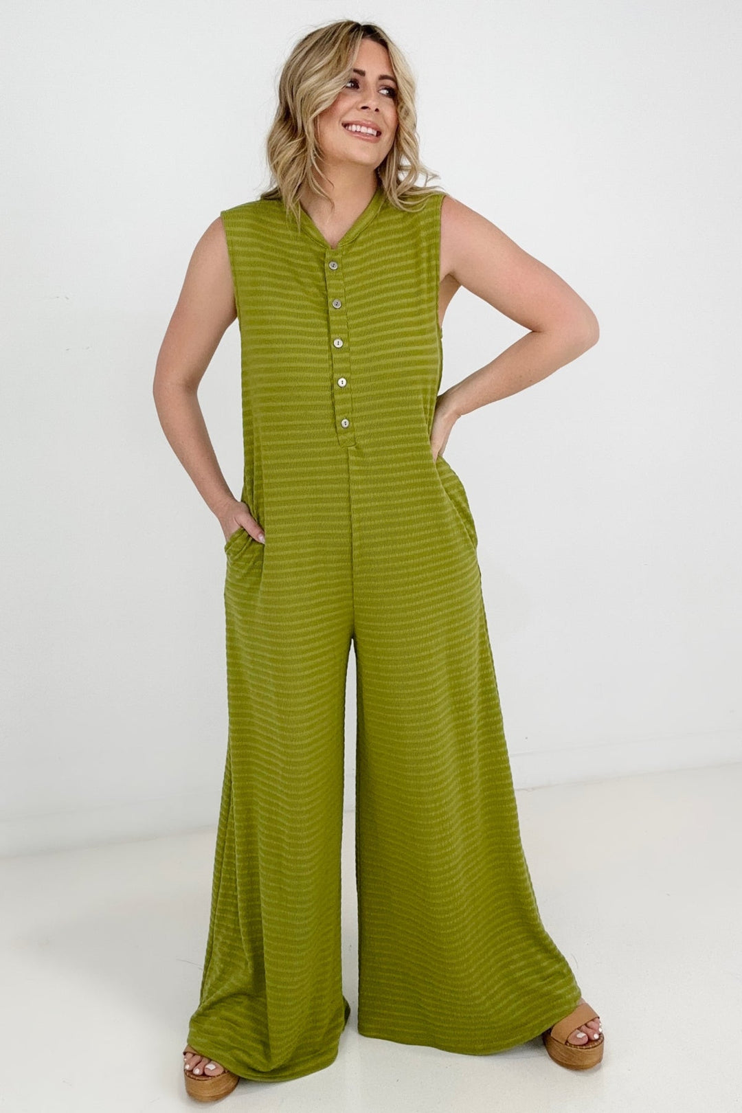 Jade By Jane Button Up Textured Wide Leg Jumpsuit