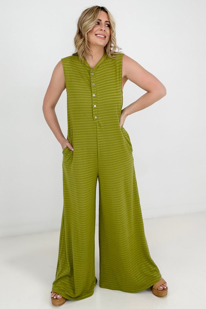 Jade By Jane Button Up Textured Wide Leg Jumpsuit