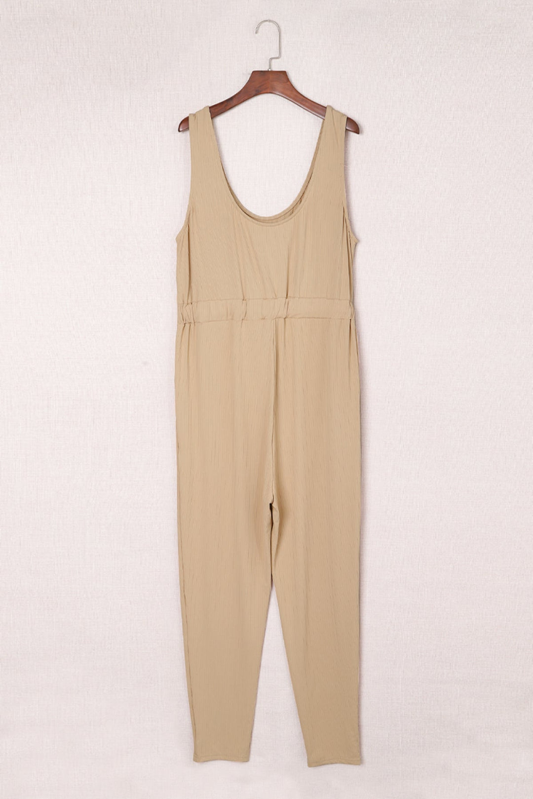 Apricot Ribbed Drawstring Sleeveless Jumpsuit