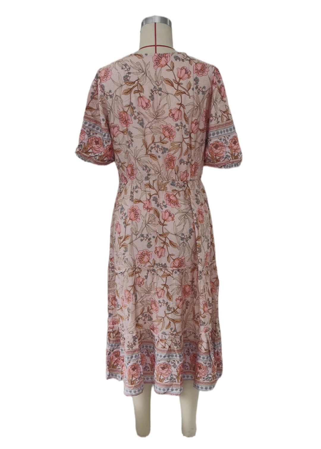 Retro Pink V-Neck Floral Tiered Dress
